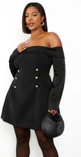 Boohoo Plus Black Off Shoulder Long Sleeve Gold Button Skater Dress size 22 US