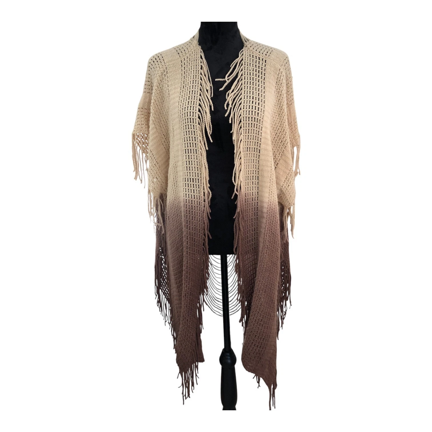 Long Boho Brown & Cream Western Fringe Poncho Cardigan with Frayed Back One Sz