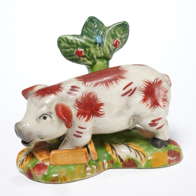Vintage Staffordshire Style Ceramic Spotted Pig Figurine Sculpture Grazing