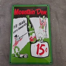 VINTAGE DRINK MOUNTAIN DEW OLD US GASOLINE OIL GAS PUMP ENAMEL PORCELAIN SIGN