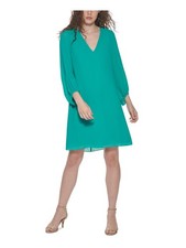 ELIZA J Womens Teal Shirred Chiffon Blouson Sleeve Above The Knee Shift Dress 2