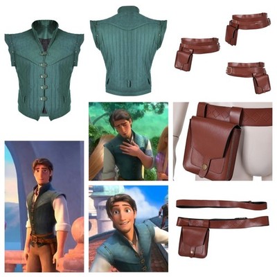 Eugene Flynn Rider Cosplay costume Green Medieval waistcoat Vest coat+Waisttbag