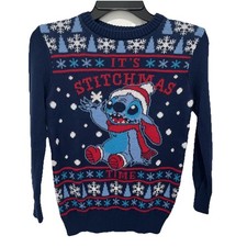 Disney Stitch Boys Blue Snowflake Christmas Holiday Sweater Size 8