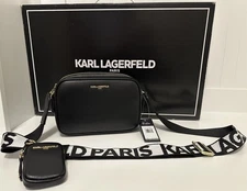 Karl Lagerfeld Paris Black Crossbody Bag Gold Hardware Logo Strap With Zip Pouch