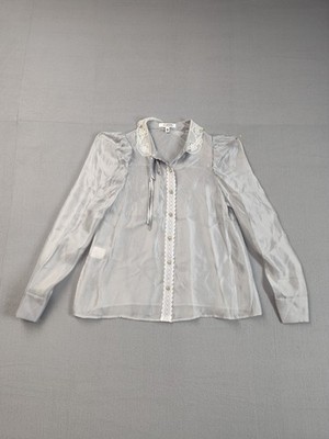 Jorya Weekend Women Blouse Top 4 Gray Long Sleeve Button Up Lace Casual Relaxed