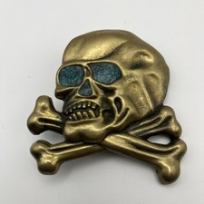 1979 VINTAGE SKULL CROSSBONES BARON BRASS BELT BUCKLE W/Turquoise Inlay - Rare