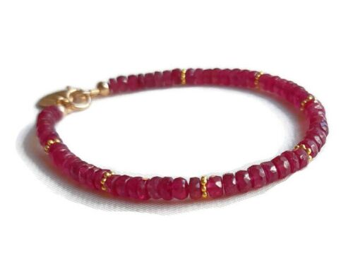 Natural Ruby Faceted Gemstone Beaded Designer Bracelet 14k Gold Over Beads Clasp - Picture 1 of 4