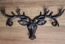 Cast Iron 6 Hooks Stag Head Hook Wall Hanging Antler Decor Unique Deer Vintage