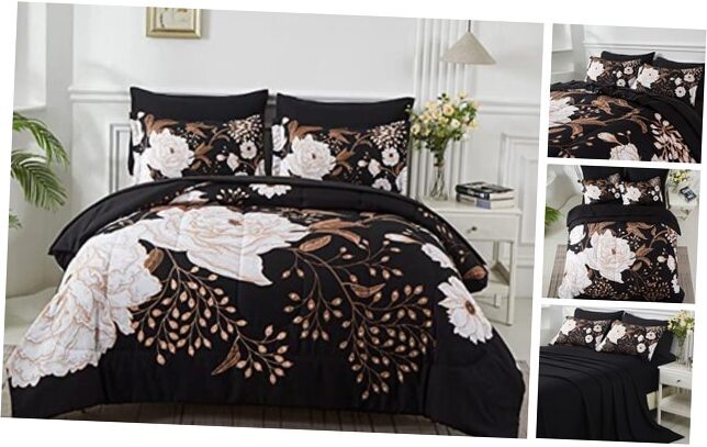 7 Piece Bed in a Bag Comforter Set Botanical Floral Bedding Queen Black Floral
