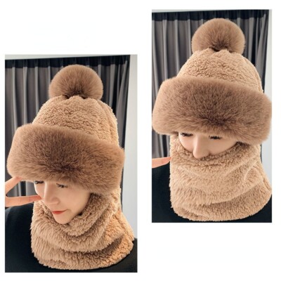 Surakey Cappello invernale da donna in finta pelliccia, stile russo, stile mongolo, soffice pelliccia, con pompon, Beige, Taglia unica
