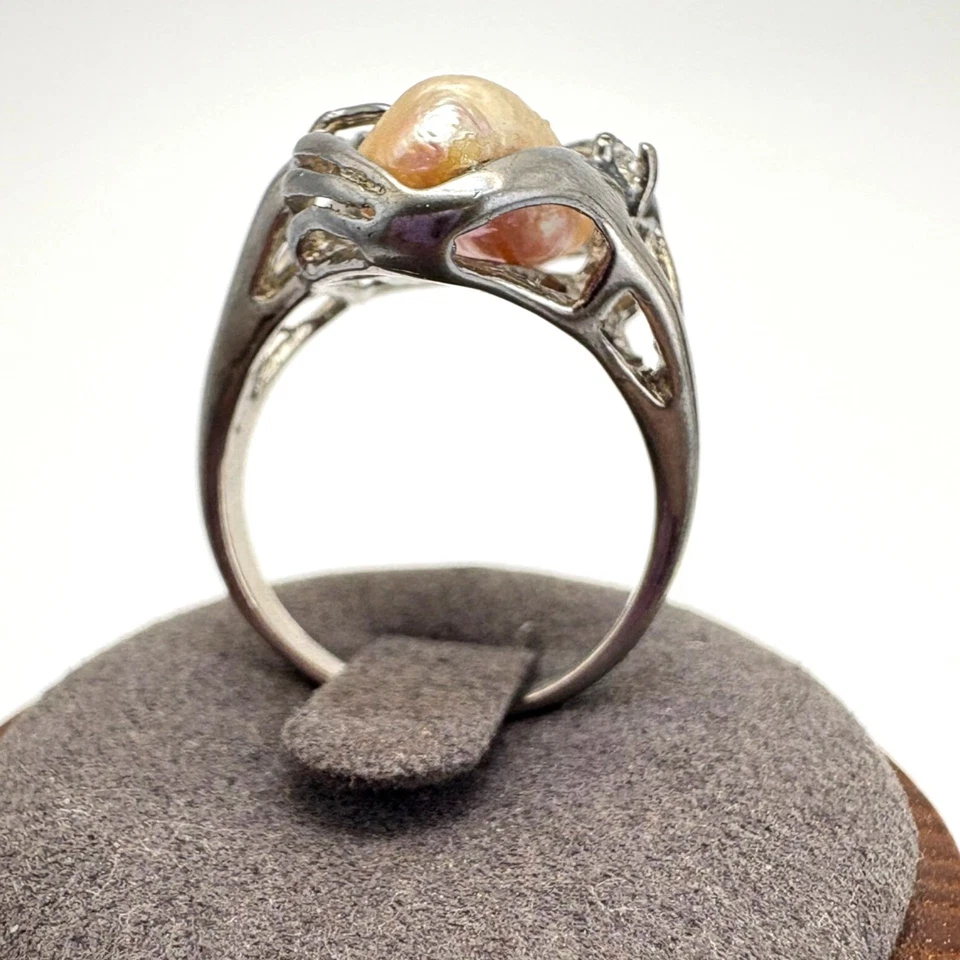 Juego de puntas de perlas sintéticas enchapadas en plata hombros divididos anillo llamativo talla 9 Foto 3 de 4