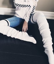Long Loose Thigh High Slouch Sock Over The Knee White Black Cable Knit Boot Belt