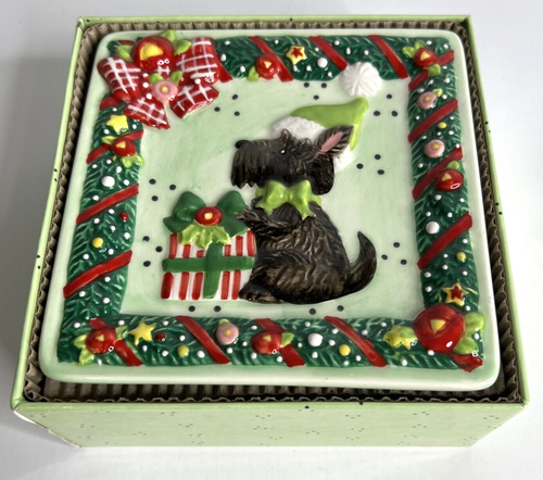 Mary Engelbreit Scottie Christmas Scottish Terrier Ceramic Mini Plates Set 4 New - Picture 8 of 9