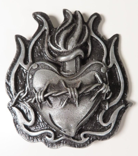 HEAVY METAL Belt Buckle Flaming Heart Barb Wire Metal Fire 3.75" Tall