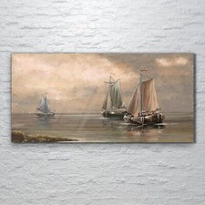 Print on Glass Sea landscape paintings fisherman boats ships 120x60