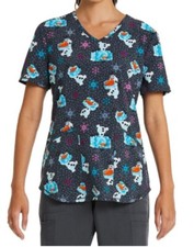 Disney Frozen Scrub Top Womens Gray Olaf Funny Ice Print V Neck Uniform XL New