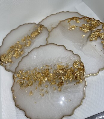 Handgefertigte Runde Achat Geode Stil Harz Untersetzer 4er Set/Gold/Geschenk