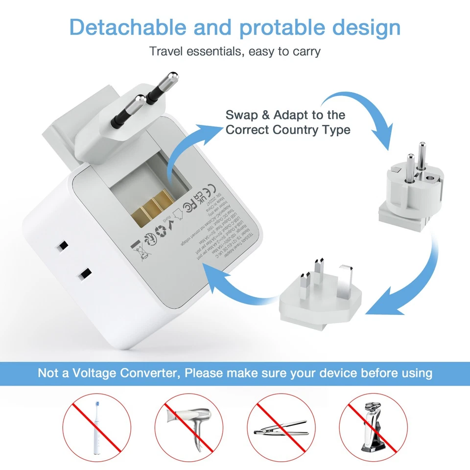 Kit adaptador enchufe de viaje para toda Europa Reino Unido enchufe desmontable con 3 salidas 3 puertos USB Foto 4 de 4
