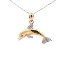 14KT. Yellow Gold Dolphin With Diamonds Pendant 20 x 24 mm 