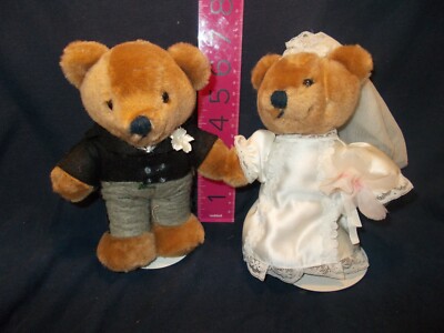 VINTAGE DAKIN? BRIDE GROOM TEDDY BEAR STUFFED ANIMAL SET 7'' PLUSH TUX VEIL 