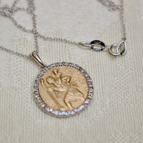NEW 14K GOLD SAINT CHRISTOPHER "MI JOYA DIVINA" PENDANT NECKLACE WITH DIAMONDS - Picture 4 of 7