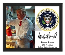 PRESIDENT DONALD TRUMP WORKING McDONALDS PRESIDENTIAL SEAL 8X10 AI FRAMED PHOTO