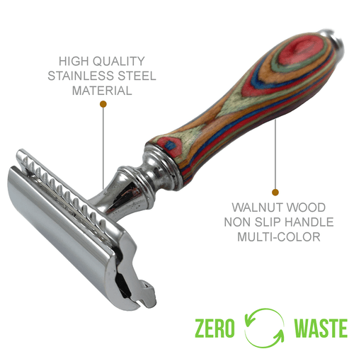 NEW ELEGANT WOODEN HANDLE DOUBLE EDGE SAFETY RAZOR WET SHAVE + 5 SHAVING BLADES - Picture 3 of 6