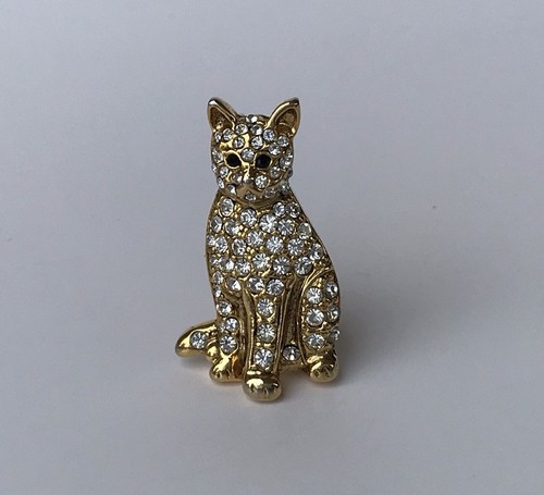 Vintage Designer Steinmetz SFJ Crystal Gold Tone Cat Brooch Pin - Picture 2 of 12