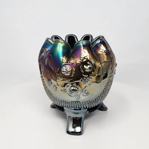 Northwood Amethyst Carnival Glass Wild Rose Three Footed Rose Bowl 4"H Antique