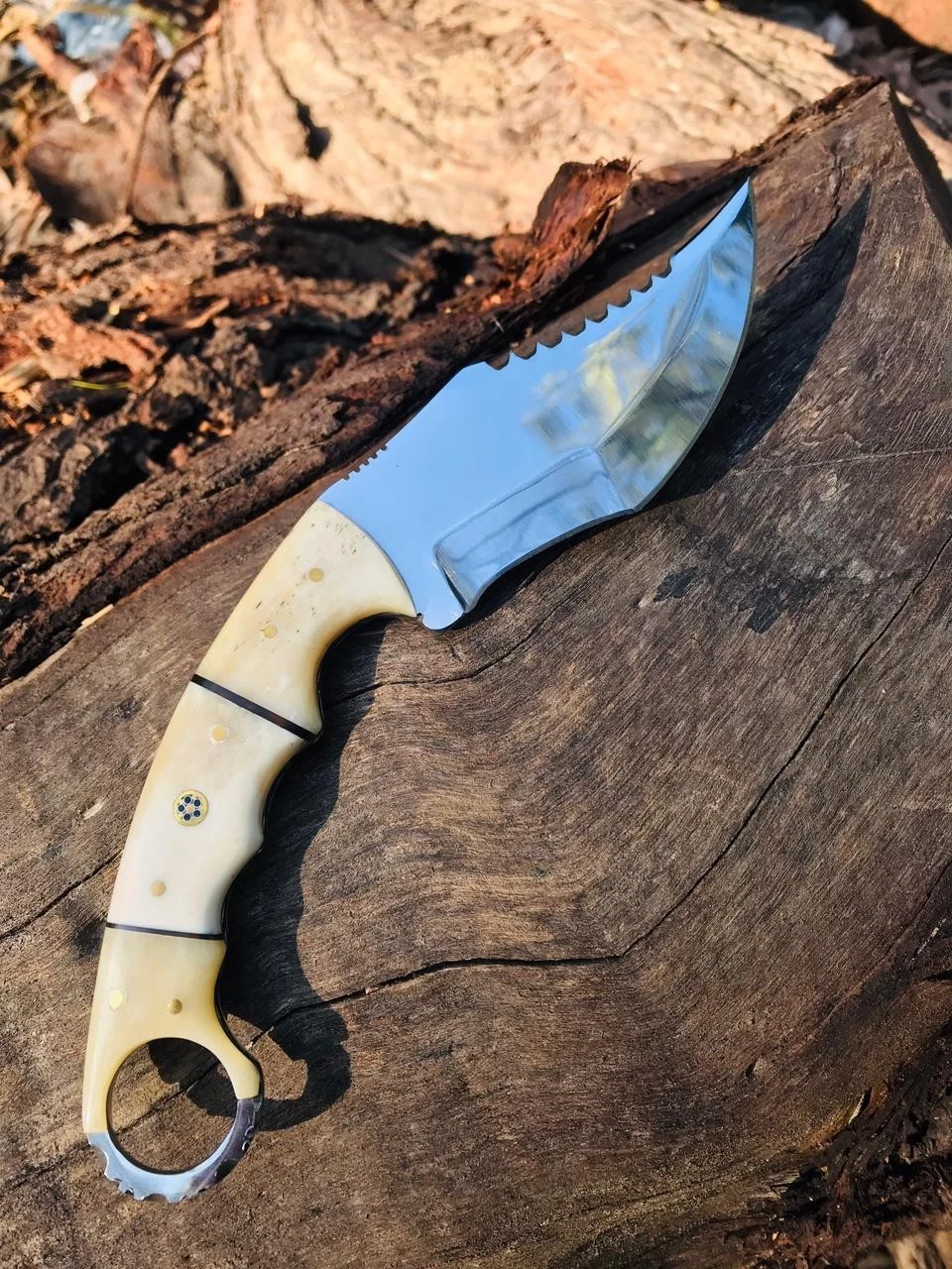 10 INCH STAINLESS STEEL KARAMBITE KNIFE WITH BONE HANDLE, LEATHER SHEATH