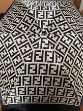 Fendi Zucca Monogram Folding Umbrella Vintage Luxury Compact Black Silver FF Pin
