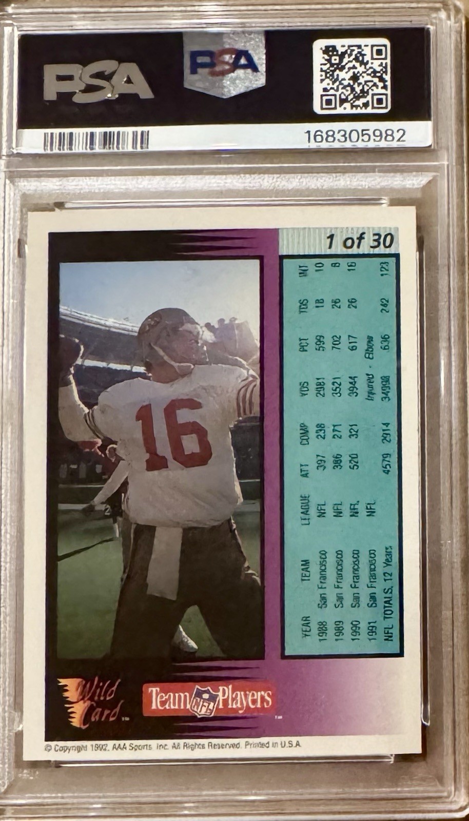 Joe Montana 1992 Wild Card FF GREEN 10 Stripe Rare PSA 6 EX-MT LOOKS BETTER view 2