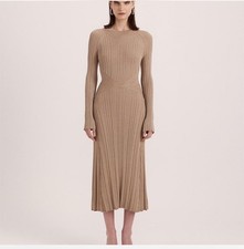 SABA Midi Metalic Gold Knit Dress - Size Small - Mock Neck, Long Sleeves
