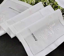 Elegant Beige Flower Embroidery Hemstitch White Cotton Linen Table Runner B
