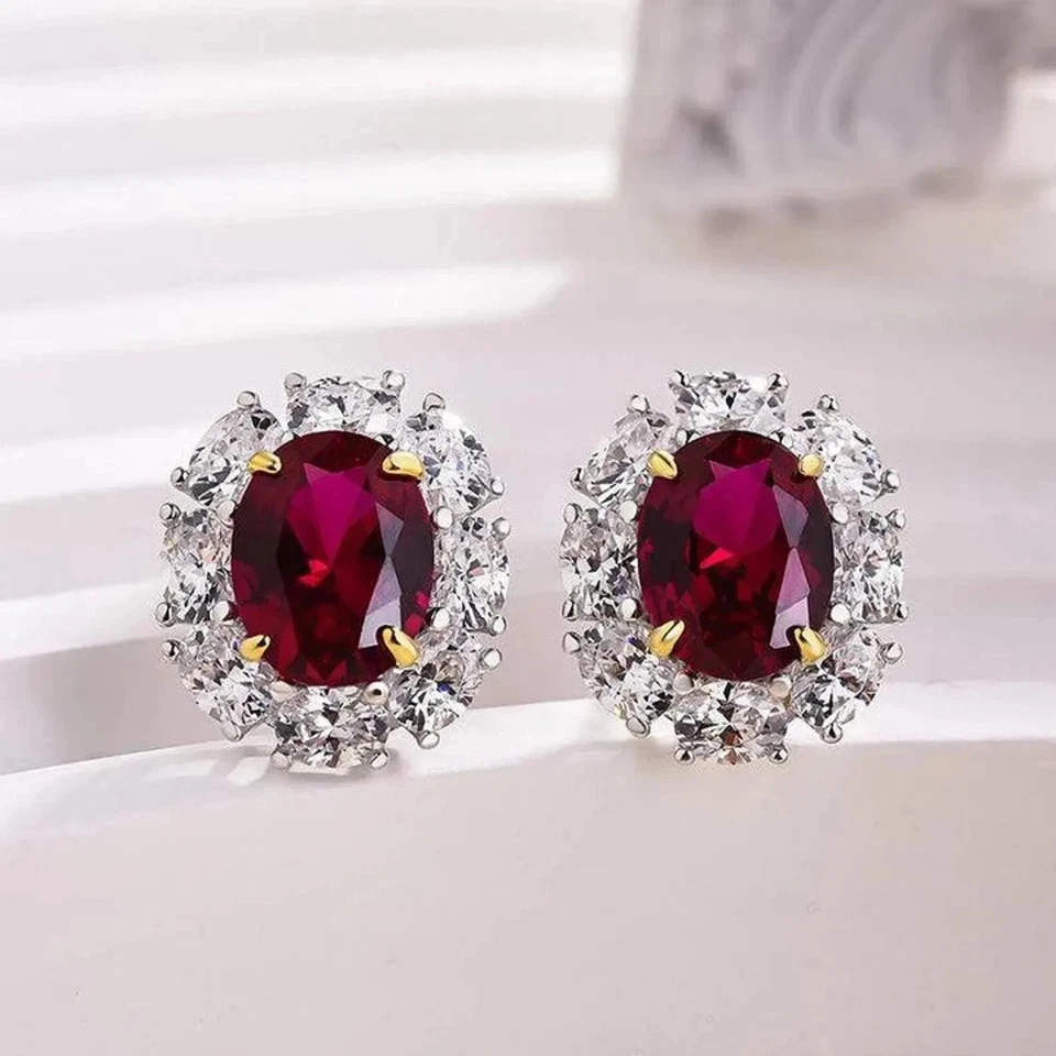 14K White Gold Oval Cut 5.00 Ct Natural Red Ruby & Diamond Lovely Earrings - Image 3 of 4