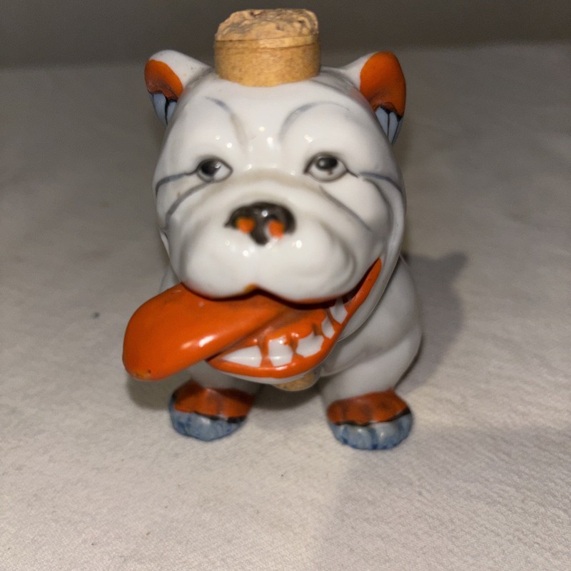 Antique Ceramic Bulldog Shelf Flask Decanter with Cork - Made in Japan