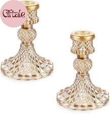 Set of 2 Gold Glass Taper Candle Holders Decorative Glass Candlestick Holders, M