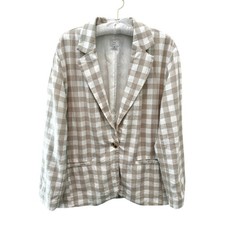 A NEW DAY Beige Gingham Neutral Linen Blend Blazer Jacket Medium