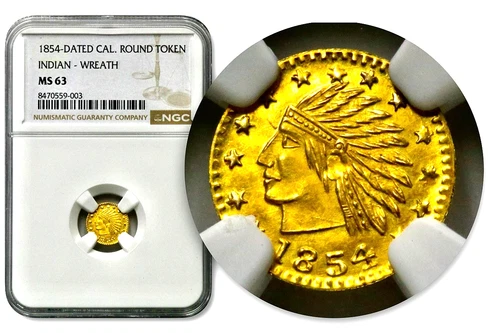 1854 California Gold Indian Head - Wreath Round Token - NGC MS 63   C1069