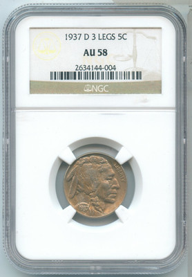 1937-D NGC AU58 3 Beine Büffel Nickel Münze - RK753