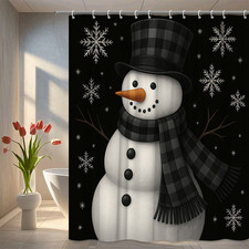 Snowman Shower Curtain with Black Background and Snowflakes