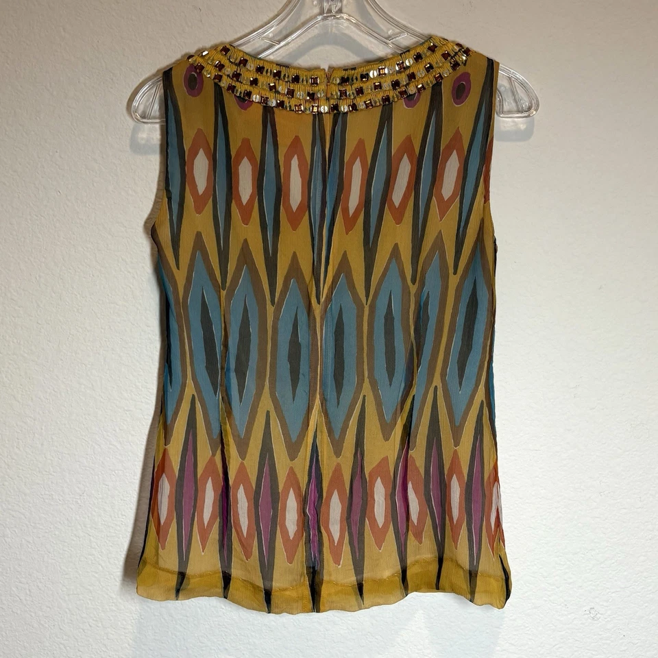 Tory Burch 100% 真丝上衣女式 10 无袖装饰贝壳衬衫设计师 — 第 3/4 张图片