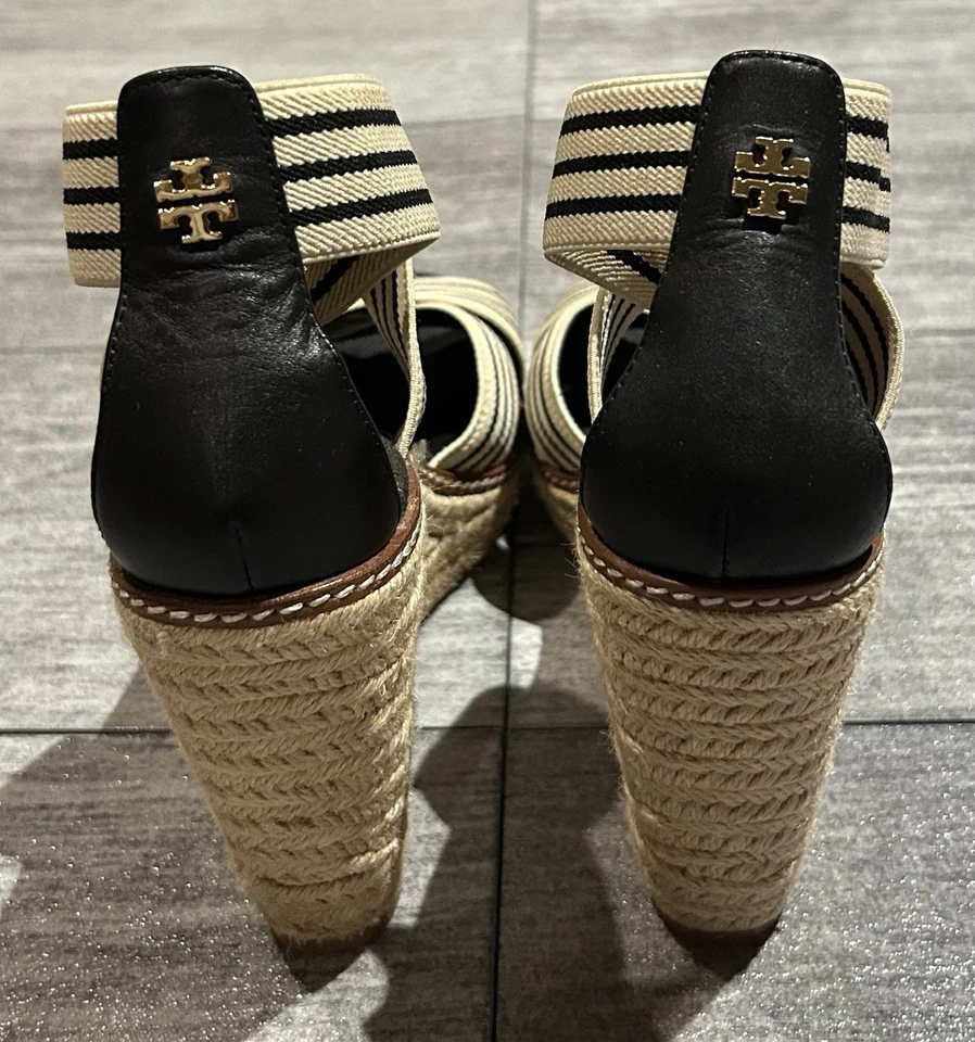 Tory Burch Frieda Espadrille Wedge Open Toe Sandals Womens 7.5 Navy Blue/Beige - Image 4 of 4
