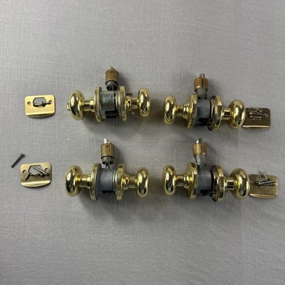 #ad Polished Brass Door Knobs 3 Hall Closet 1 Bed Bath Screws Strike Plate Used Lot $26.99