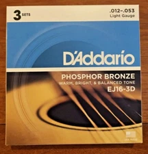 D'Addario EJ16-3D Phosphor Bronze Acoustic Guitar Strings, Light, 3 Sets