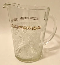 Vintage Heavy 8" Clear Tea/Water Pitcher White Etched Designs