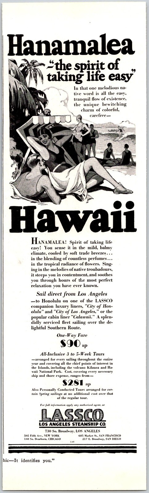 PRINT AD 1928 LASSCO Los Angeles Steamship Company Hawaii Hanamalea 3 x 10
