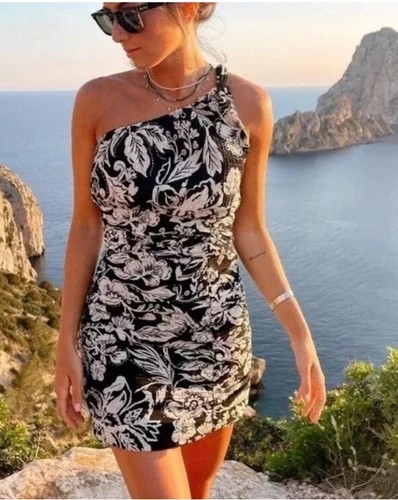 Zara Dress Women's Size Small Black & Cream Asymmetric One Shoulder Floral