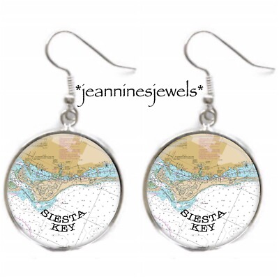 Siesta Key Florida EARRINGS Nautical Map Art Print SILVER Charm Dangle Earrings