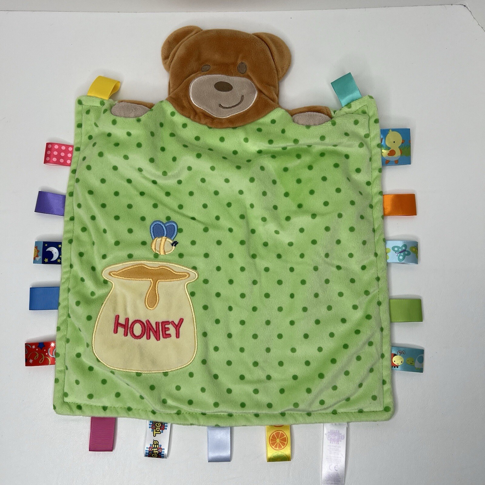 Taggies Peek a Boo Bear Honey Pot Green Bee Polka Dot Security Blanket Lovey  